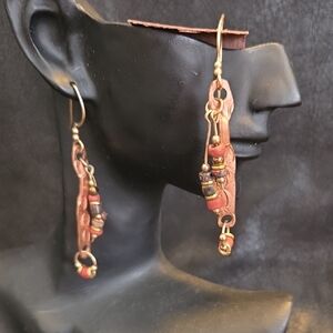 Handcrafted Copper and Red Bead Dangle Earrings